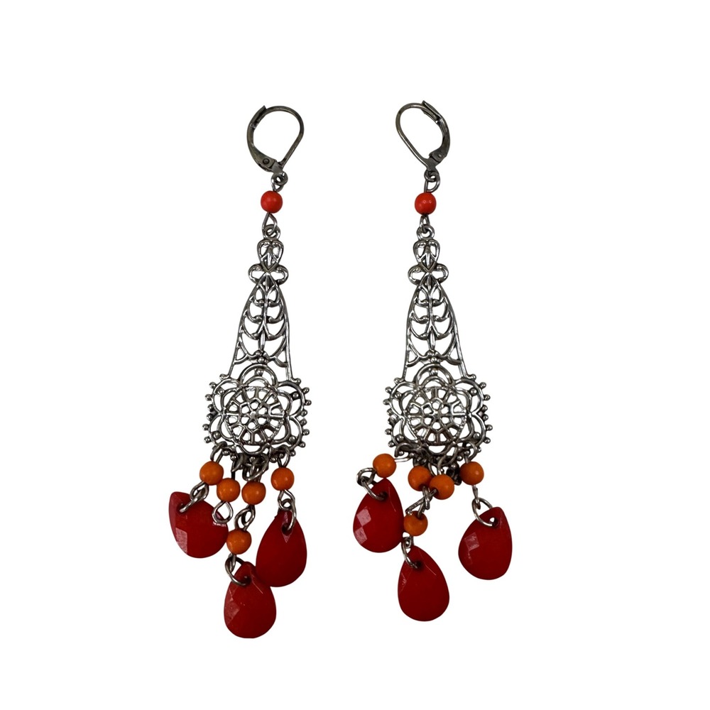 Dangle Drop Bohoβ Earrings Filigree Silver Tone Red Orange Beads Women's Y2K